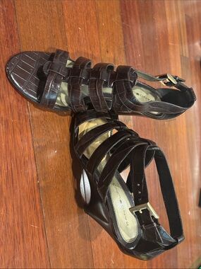 Bandolino Dark Brown Croc-Embossed Strappy Wedge Heels